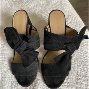 Black Suede Slip-On Sandal with Bow and City Heel